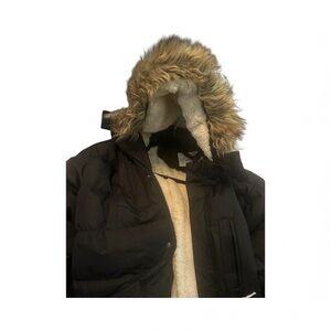 Men's Black Puffer Jacket with Faux Fur Hood